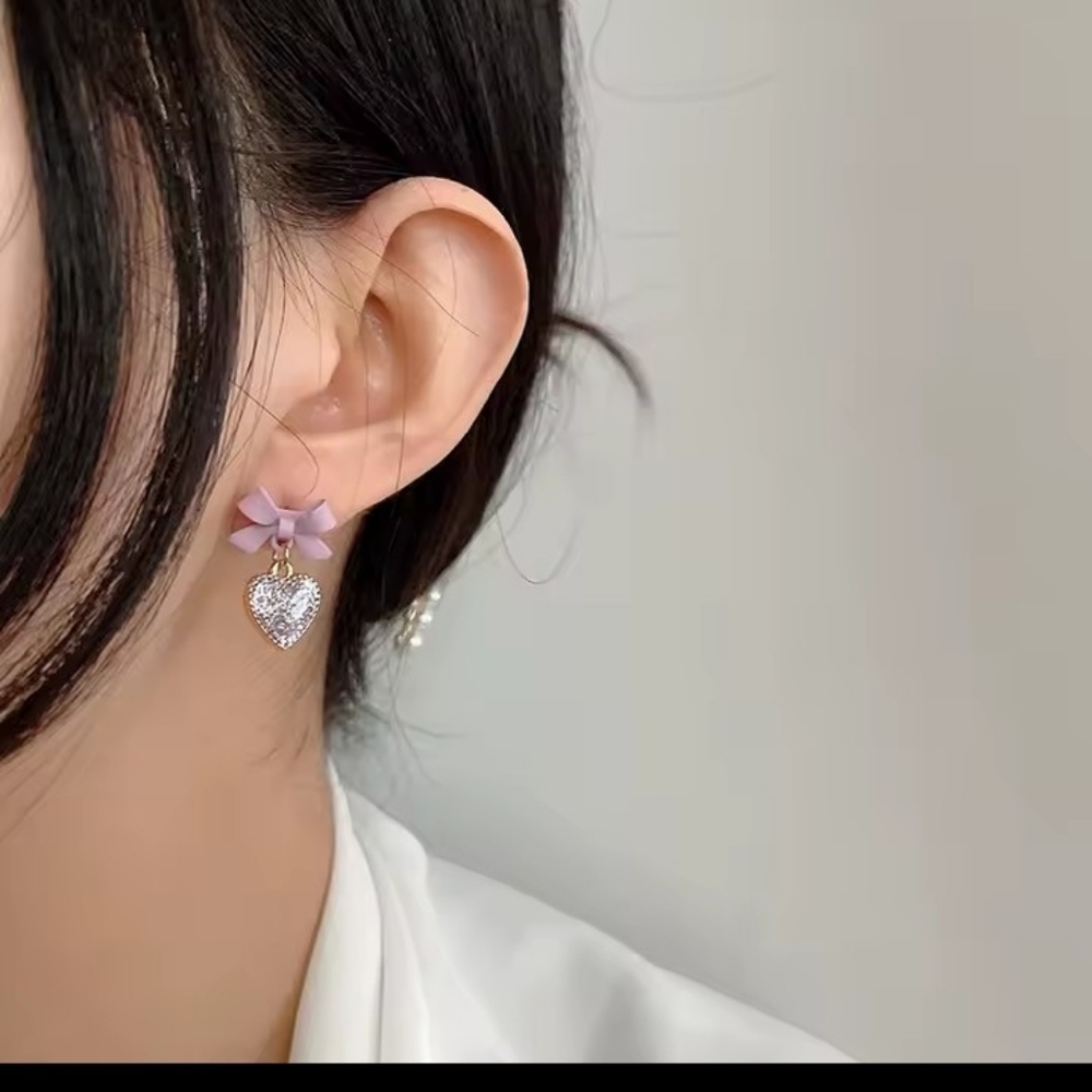 Earrings Women's Purple Crystal Heart‎ Bows Dangle New f76 - Picture 3 of 3